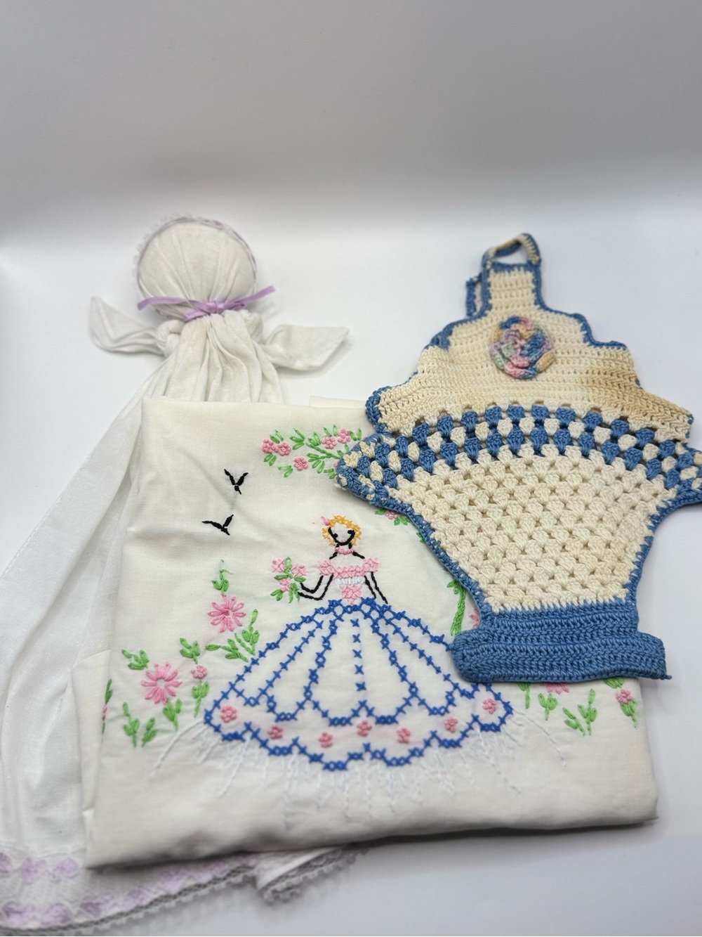 Vintage Embroidered Pillowcase, Vintage Crochet  Basket and Vintage Hankie Doll